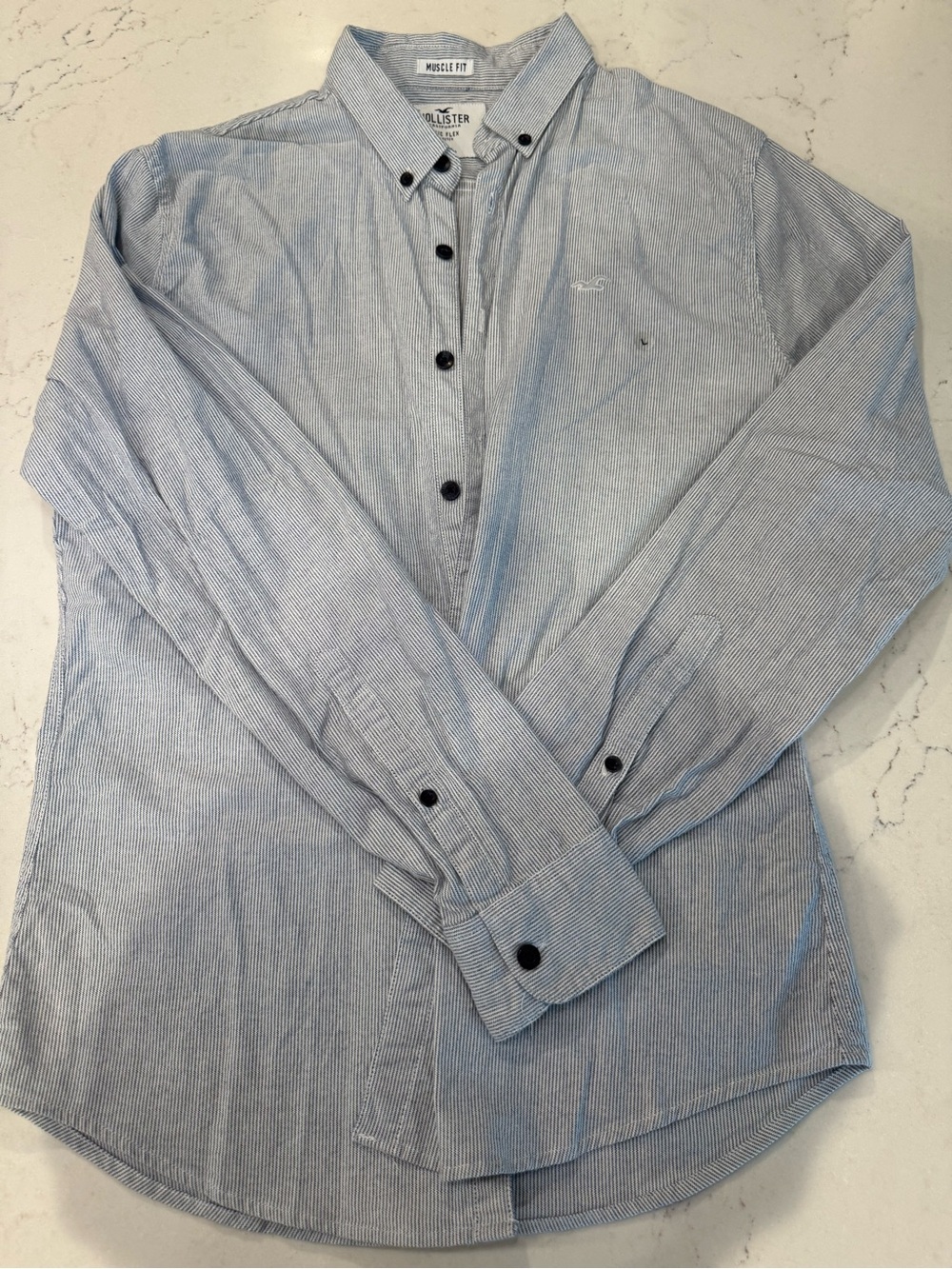 Hollister Men's Light Blue Pinstripe Button-Down Shirt Large